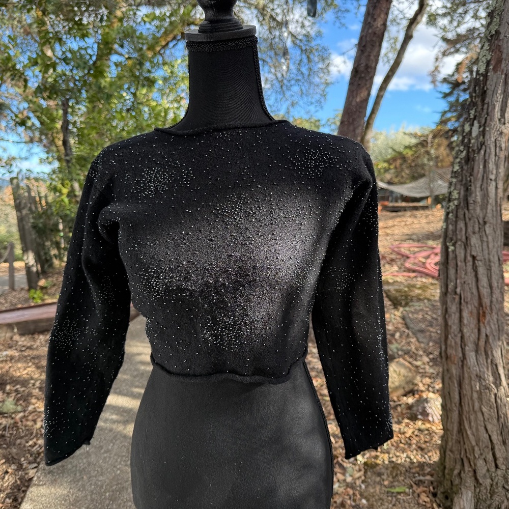 Vintage Tweeds Black  cropped wool sweater with iridescent  beads S
